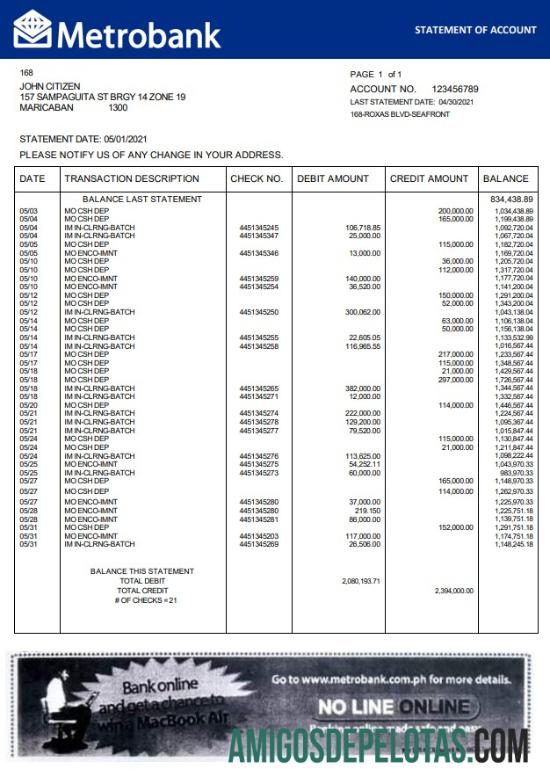 Extrato bancário do Metrobank do Reino Unido em formato Word e PDF amostra